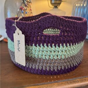 Handmade Crochet Basket in Purple, Green, and Brown